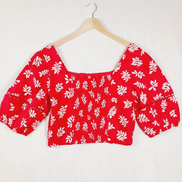 Ann Taylor, Top, Red with White Leaf Print, Square Neck, Puffed Sleeves, Size 8 - Picture 3 of 15